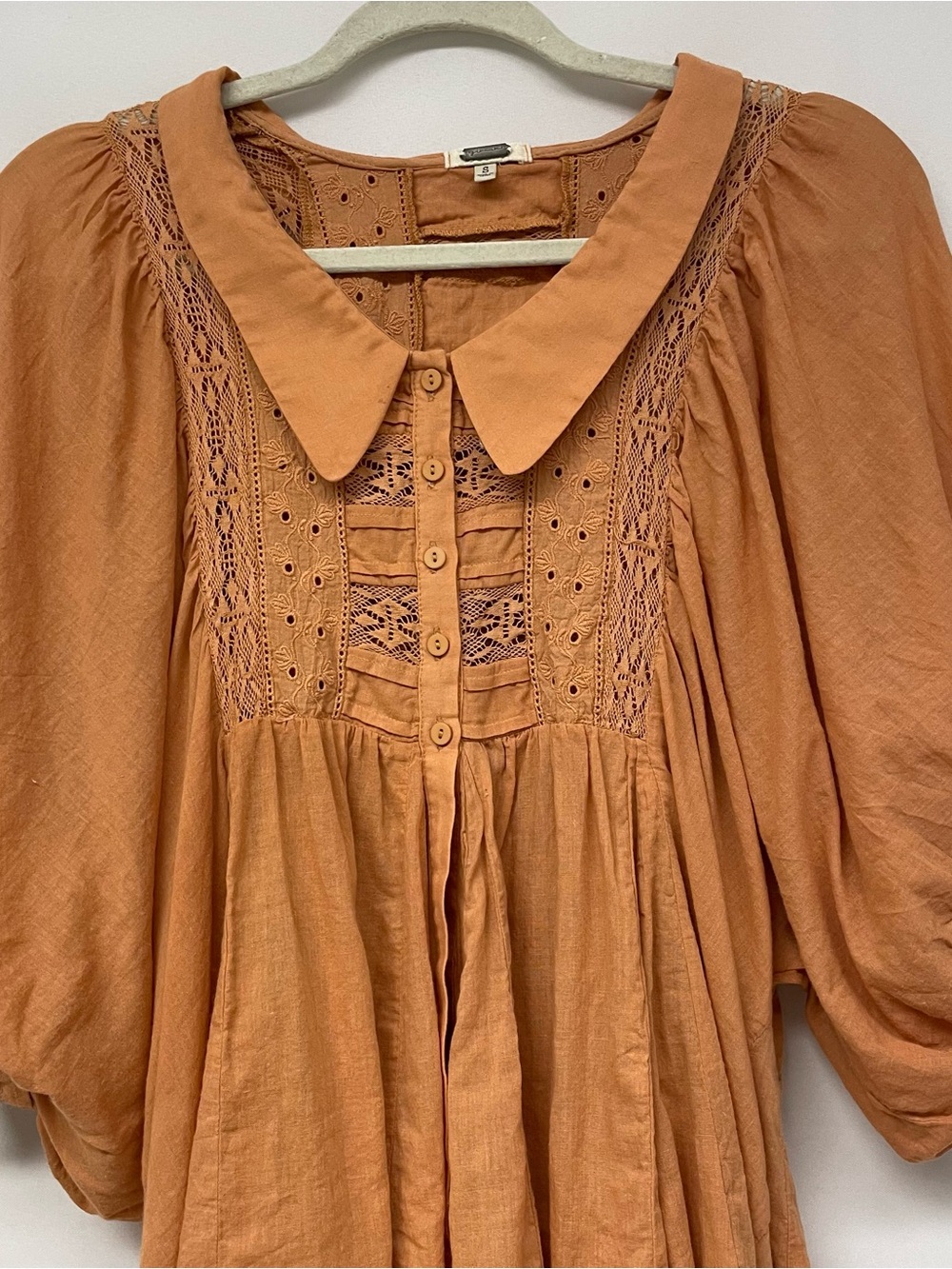 Gimmicks Rust Rust Collared Oversized Boho Peasant Lace Trim Blouse Top Dress S - Picture 4 of 11